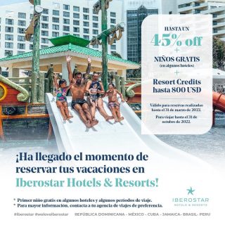 Hasta el 31 de marzo de 2022! Reserva con un 45% de descuento +1 niño gratis (en algunos hoteles) + Resort Credits hasta 800 USD!!
Tremenda promoción para viajar hasta el 31 de octubre de 2022. Contáctanos y viaja a los mejores hoteles @iberostar 
#weloveiberostar #iberostar 
RepublicaDominicana México Cuba Jamaica Brasil Peru
#republicadominicana #mexico #brasil #jamaica #peru #cuba #hotel #allinclusive #vacaciones #descanso #viajes #viajar #avion #todoincluido